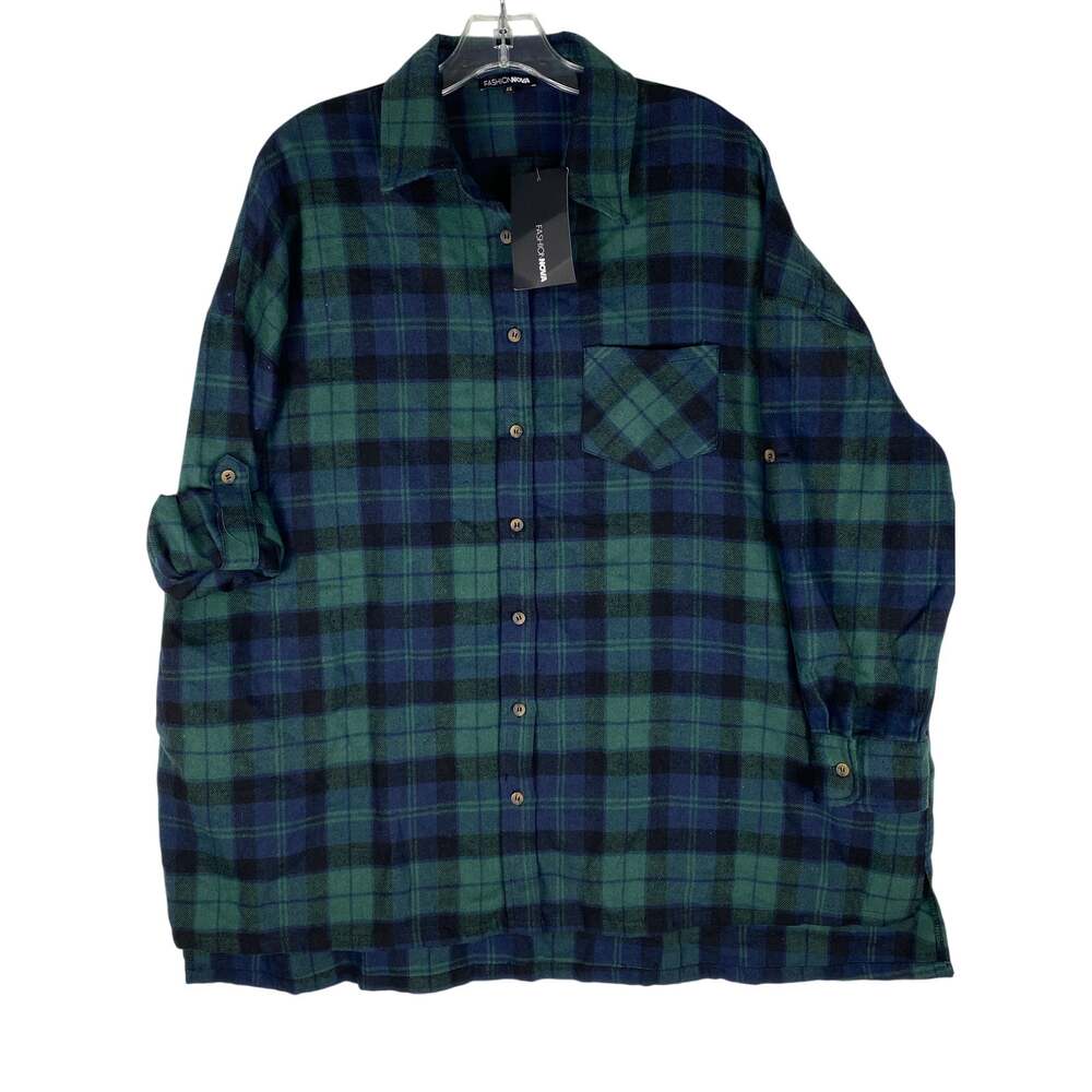 Womens XL Oversized Green Blue Plaid Flannel Button Shirt Lumberjack Grunge NWT